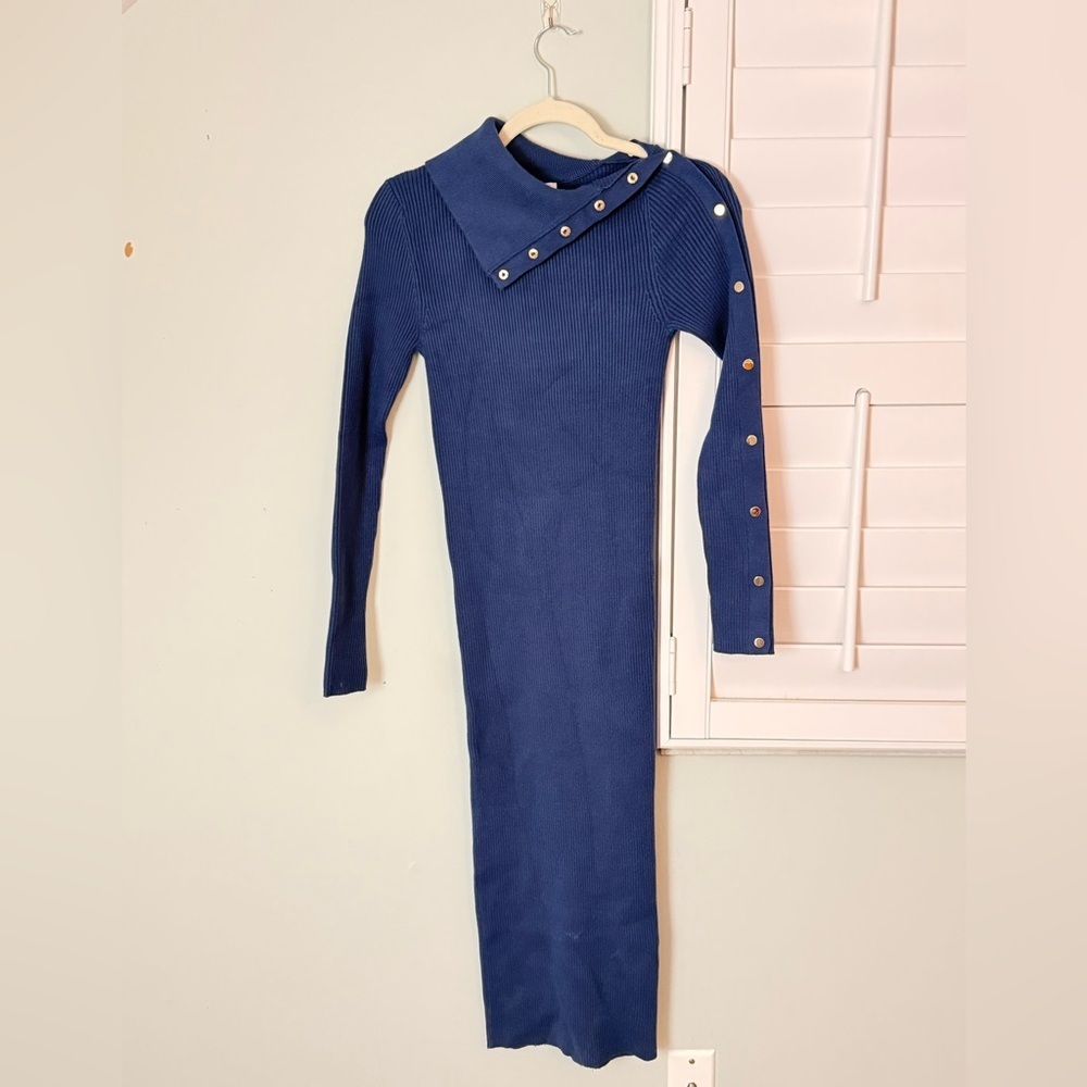 Zara Blue Ribbed Snap Detail Midi Dress Size L - Picture 2 of 5